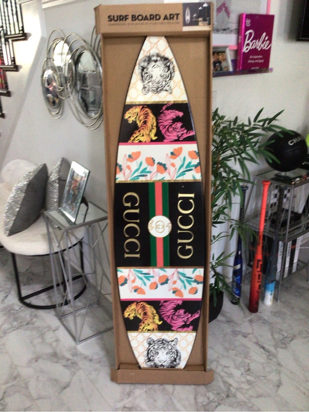 Gucci Black Floral & Tiger Stripe Decorative Surfboard